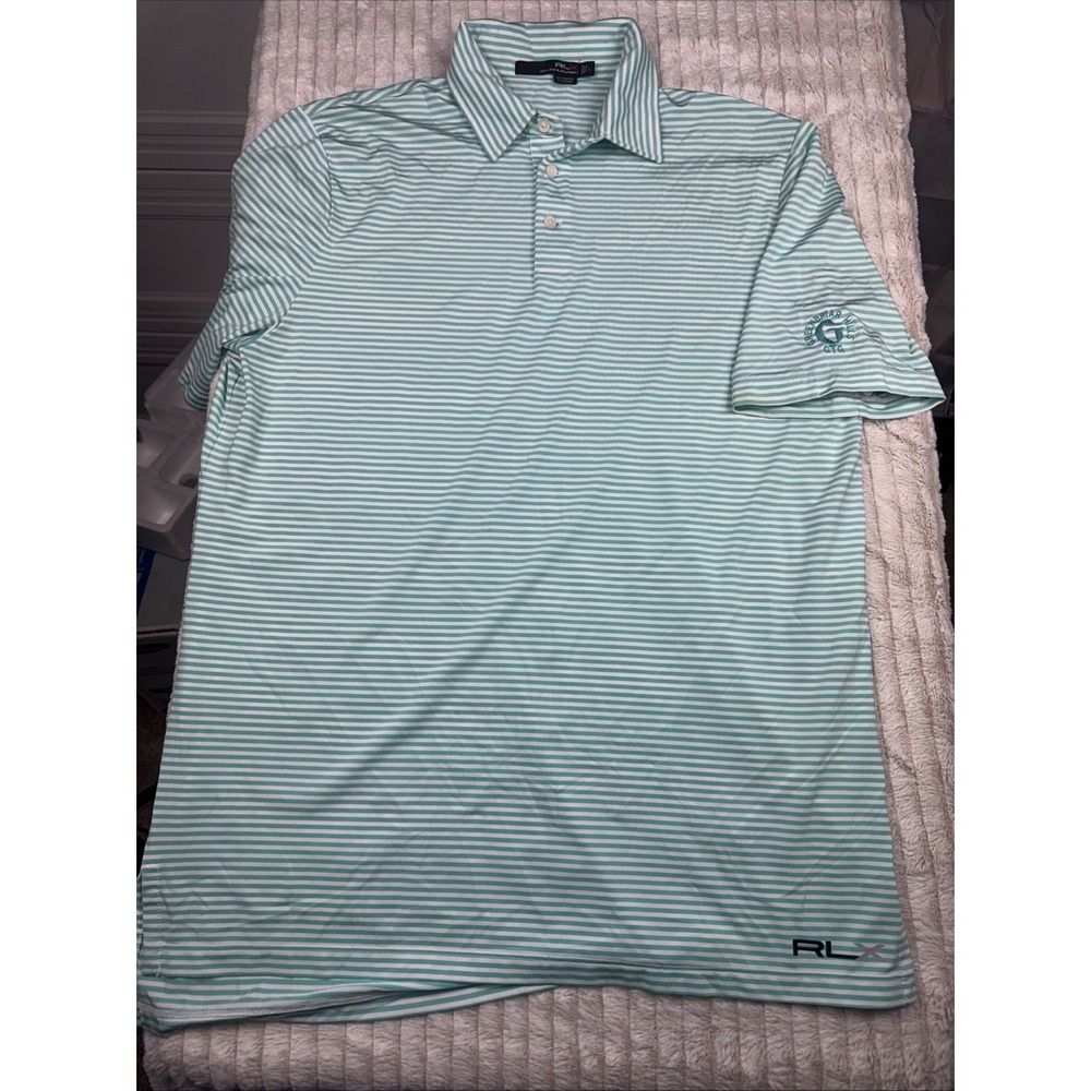 RLX Ralph Lauren Golf‎ Polo Shirt Mens L Green Striped Wicking Greenbriar C.C.